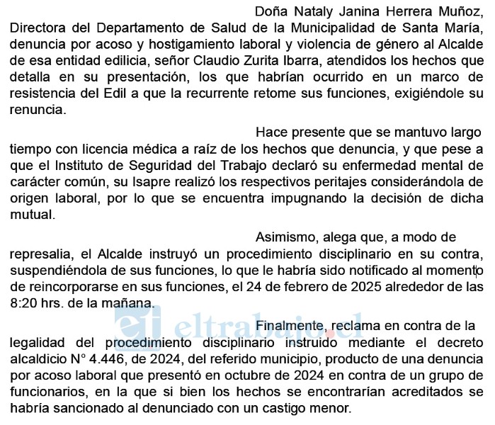 Extracto del documento de la denuncia presentada por la directora de Salud Municipal de Santa María.