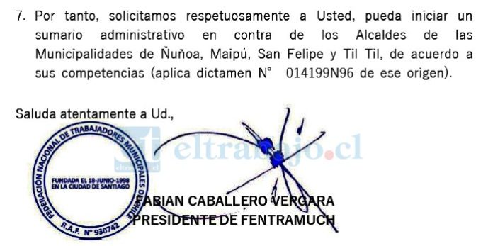 Extracto del documento donde se pide iniciar sumario administrativo en contra de alcaldes, entre ellos Carmen Castillo.