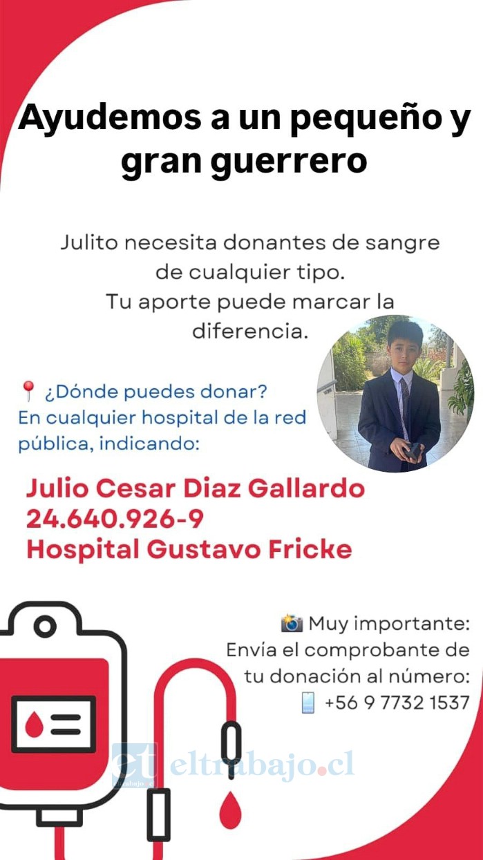 Esta semana, su familia lanzó una campaña de donación de sangre para poder continuar con las transfusiones necesarias mientras espera un trasplante de médula ósea.