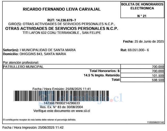 Boleta honoraria de Ricardo Leiva con funciones de patrullero municipal con fecha 25 de junio del 2025.