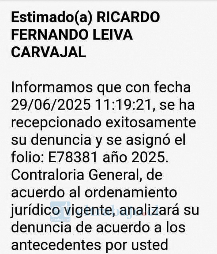Denuncia en Contraloría por parte de Ricardo Leiva, con fecha 29 de junio del 2025.