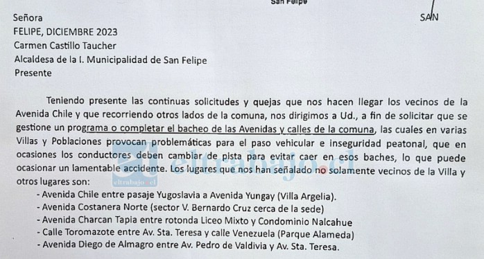 Parte de la carta que fue enviada al municipio en 2023, solicitando el bacheo de calles.