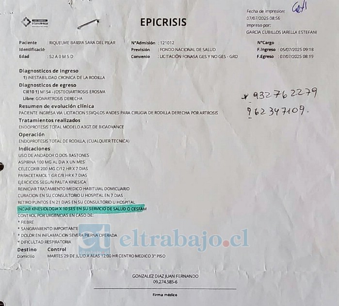 Documento que acredita la epicrisis de la afectada con fecha de egreso del 7 de julio de 2025.