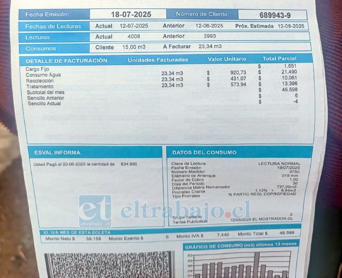 Boleta de un residente que refleja el prorrateo que han pagado mes a mes por años.