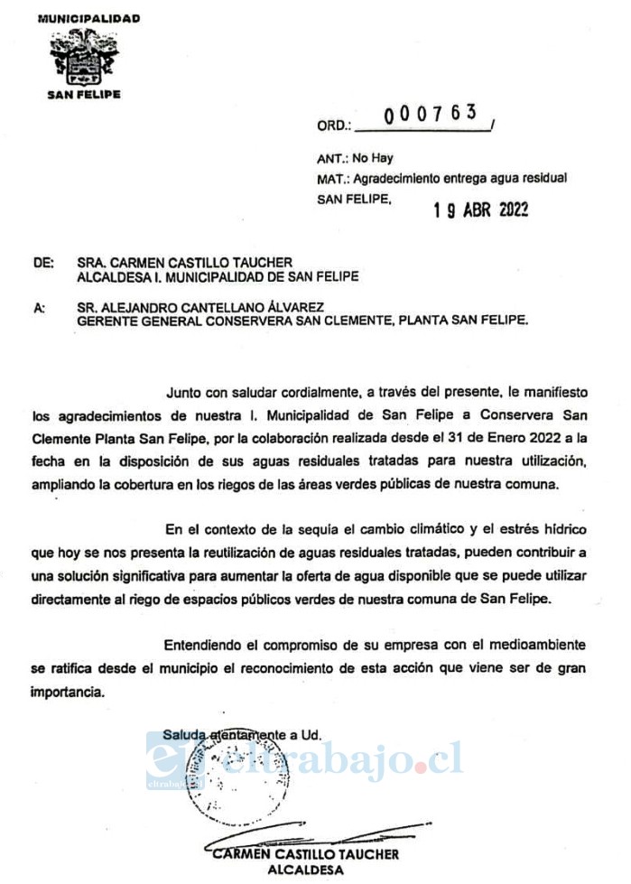 El documento al que hace alusión el concejal Olivares respecto al uso de aguas para el riego de áreas verdes. 