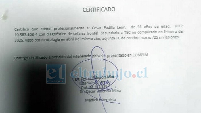 Certificado médico de César Padilla, emitido el 12 de septiembre del año 2025.