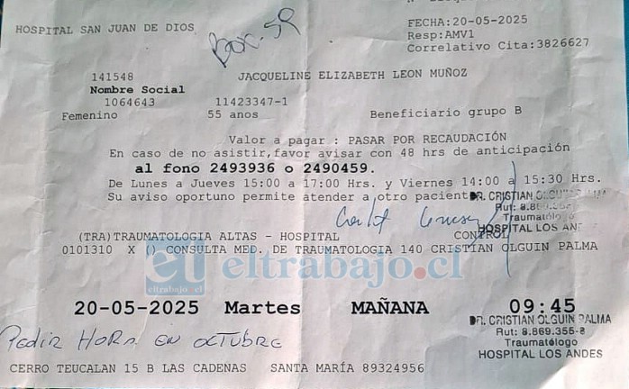 Registro de control de Jacqueline del Hospital San Camilo, donde en octubre de este año debe agendar una nueva hora de control.