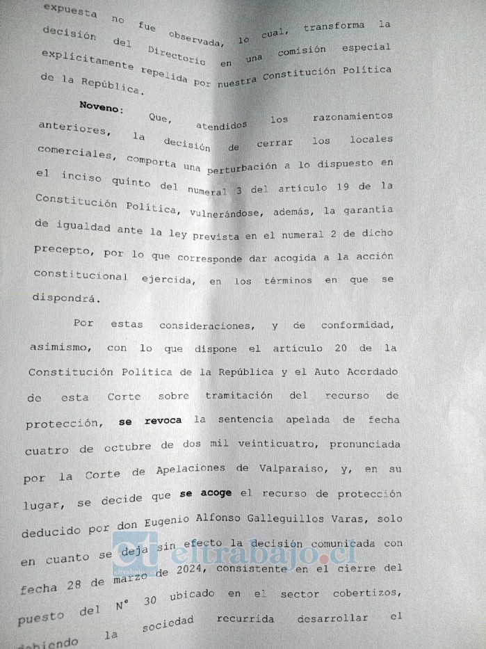 Resolución de la Corte Suprema que acoge recurso de protección del comerciante.