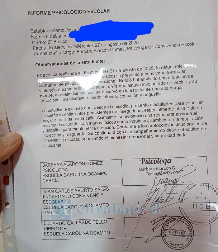 Este el informe psicológico de su hija, luego de esta situación del fin de semana.