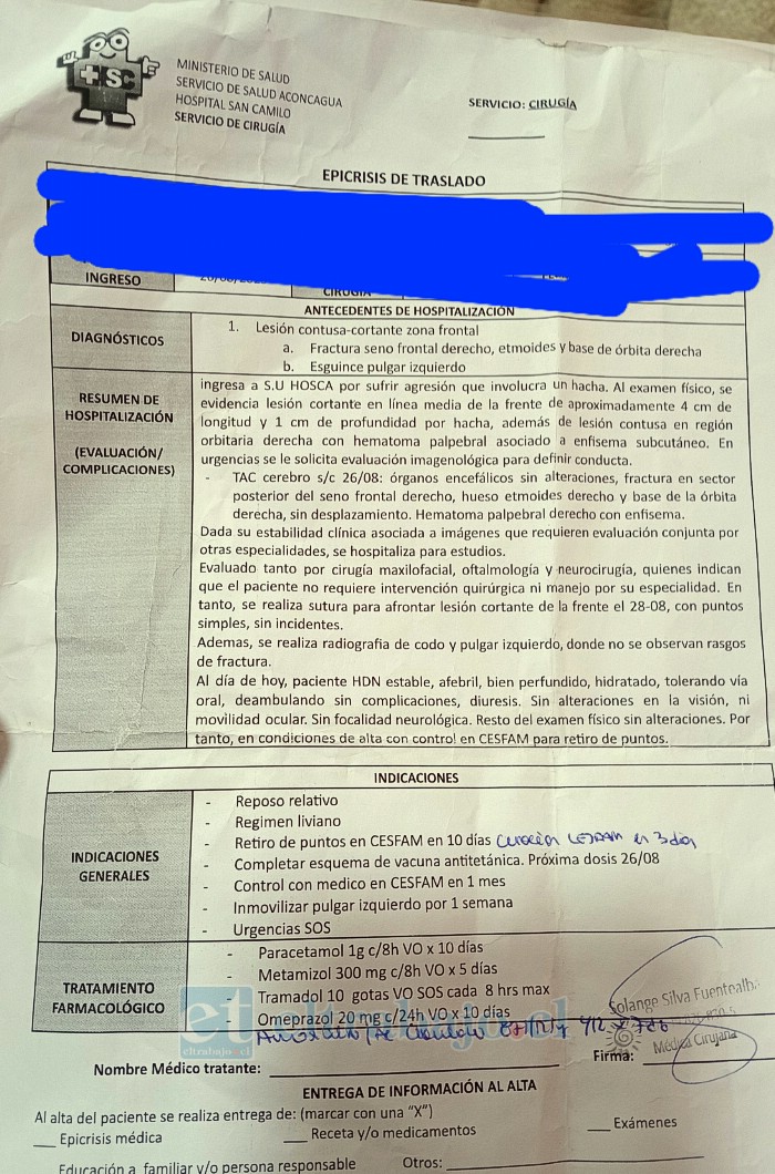 Informe médico del herido por un hacha.