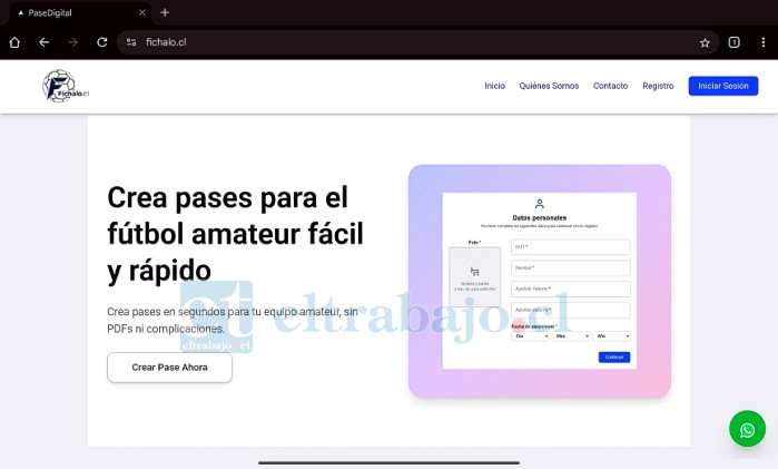 Plataforma web fichalo.cl, herramienta digital para generar pases de fútbol amateur, actualmente disponible para la Quinta Región.