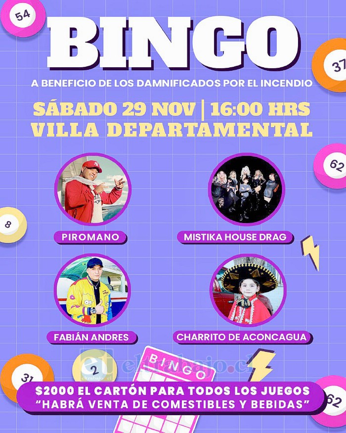 Afiche oficial del bingo solidario que se llevará a cabo este sábado en la Villa Departamental.