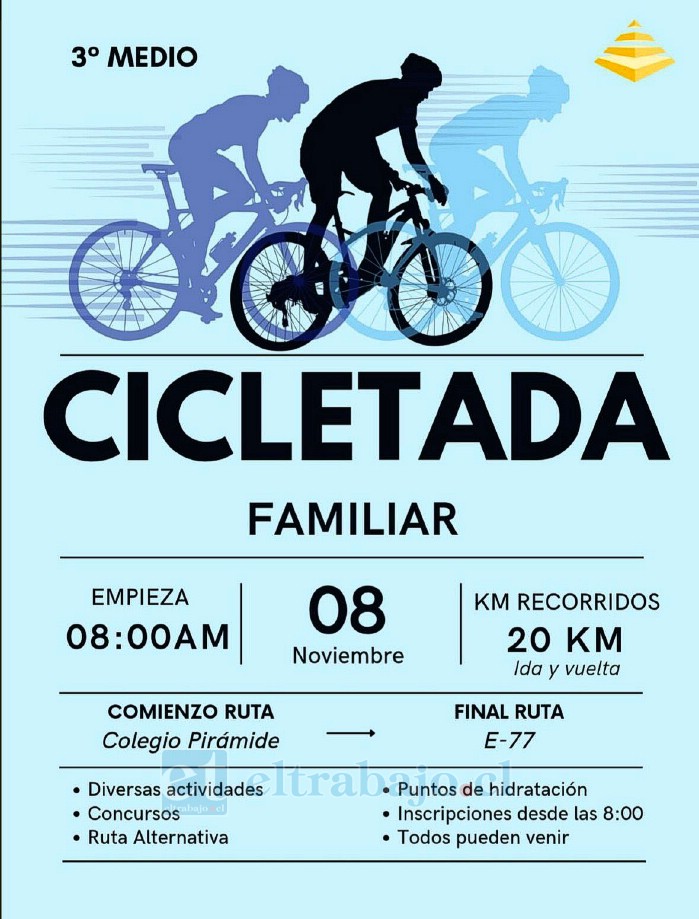 Este sábado 8 de noviembre se realizará la tradicional cicletada del Colegio Pirámide.