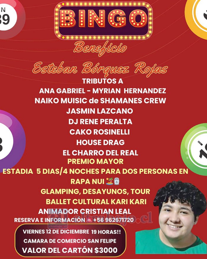 Hoy realizarán bingo a beneficio de Estaban Bórquez. 