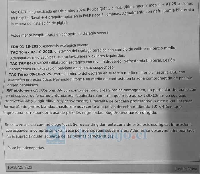 Informe de los exámenes realizados en octubre de 2025, cuando fue hospitalizada, los cuales evidencian diversas patologías.