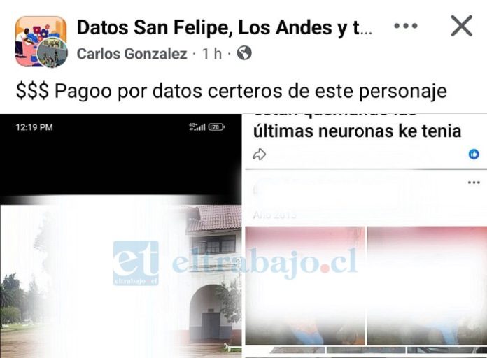 La captura corresponde a una publicación realizada desde un perfil en la red social Facebook. Rostros y datos personales fueron editados para resguardar la seguridad del funcionario.