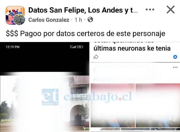 La captura corresponde a una publicación realizada desde un perfil en la red social Facebook. Rostros y datos personales fueron editados para resguardar la seguridad del funcionario.