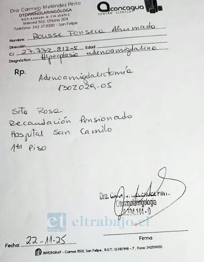 Certificado médico que acredita la condición de salud que afecta a Rousse.