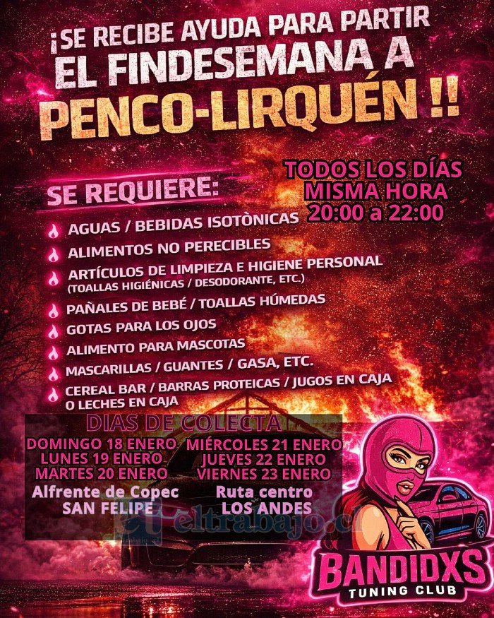 Integrantes de Bandidas Tuning Club realizan una campaña solidaria para reunir ayuda para los damnificados por los incendios en el sur del país.