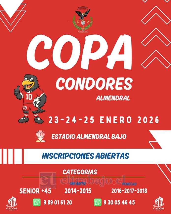 La Copa Cóndores de Almendral se desarrollará los días 23, 24 y 25 de enero, reuniendo a clubes y escuelas de fútbol del Valle del Aconcagua en categorías infantiles y súper sénior.