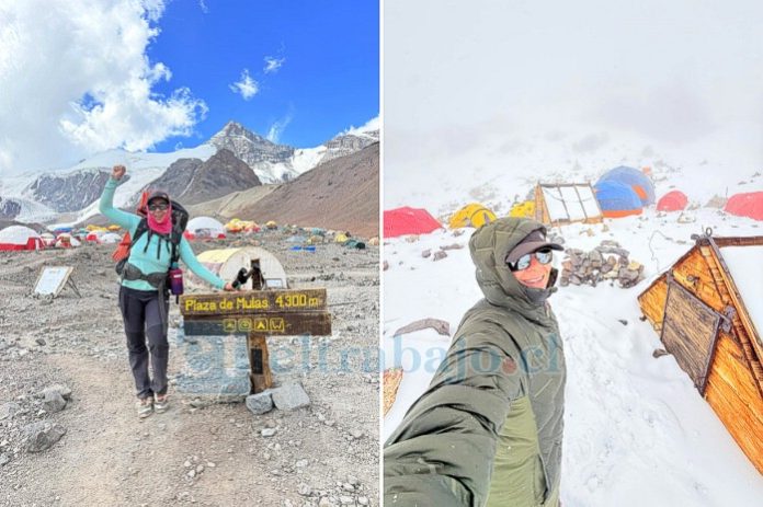 A la izquierda, Catalina Caiceo en Plaza de Mulas, campamento base a 4.300 metros sobre el nivel del mar, en plena etapa de aclimatación. A la derecha, la montañista andina en el campamento 3 Berlín, ubicado a 5.980 metros sobre el nivel del mar, durante su ascenso al Aconcagua.
