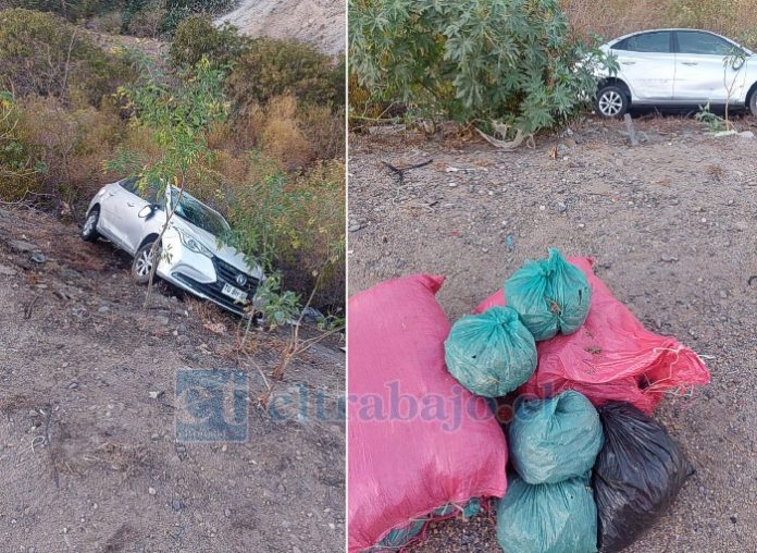 Así quedó el vehículo tras el accidente de tránsito, el que transportaba más de 24 kilos de marihuana en sacos y bolsas.