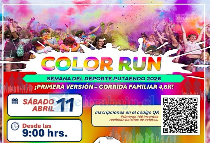 La primera versión de la ‘Color Run’ se realizará este sábado 11 de abril en la Plaza de Armas de Putaendo, con una corrida familiar de 4,6 kilómetros, actividades recreativas y participación abierta a toda la comunidad.