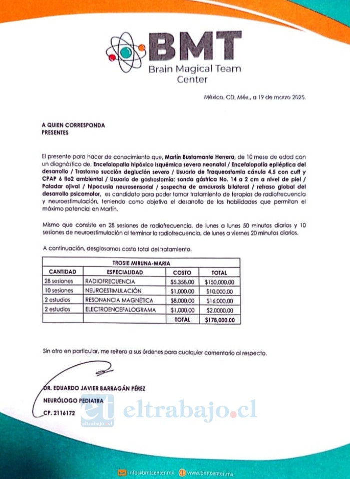 Certificado que acredita la realización de las terapias de Martín durante su tratamiento en México.