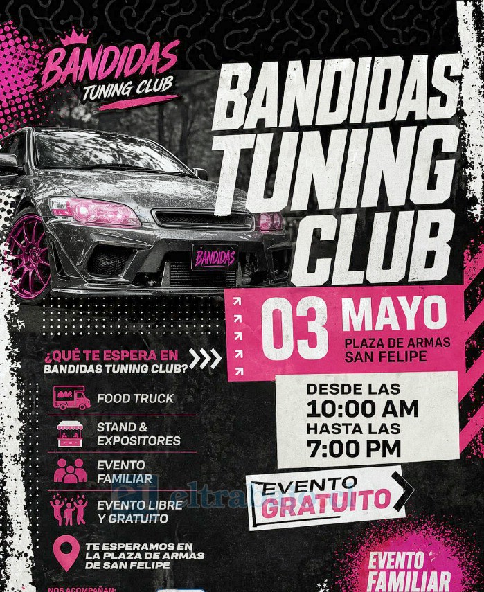 Bandidas Tuning Club invita a la comunidad a participar del encuentro que se realizará este 3 de mayo desde las 10:00 horas en la Plaza de Armas de San Felipe.