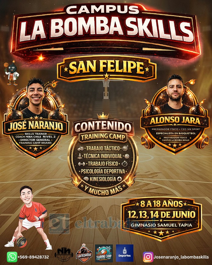 Flyer oficial del Campus La Bomba Skills, que se realizará en San Felipe los días 12, 13 y 14 de junio, dirigido a niñas, niños y jóvenes entre 8 y 18 años.