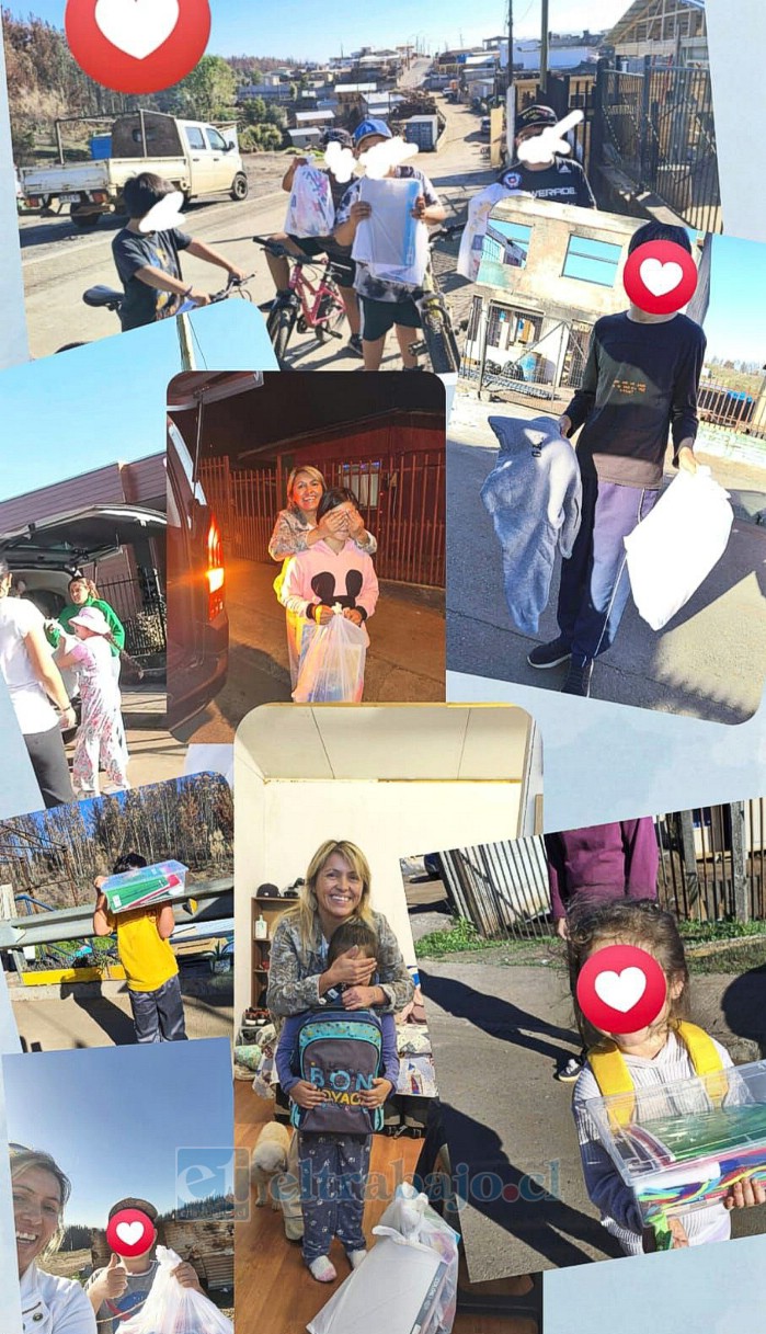 Evelyn Ávila entregando la ayuda recaudada en la campaña de útiles escolares a niños y niñas damnificados del sur.