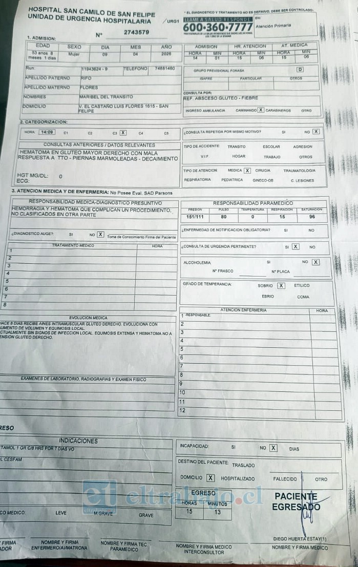 Informe médico emitido por la Unidad de Urgencia del Hospital San Camilo que acreditan la presencia de un hematoma de gran tamaño tras el procedimiento inyectable.