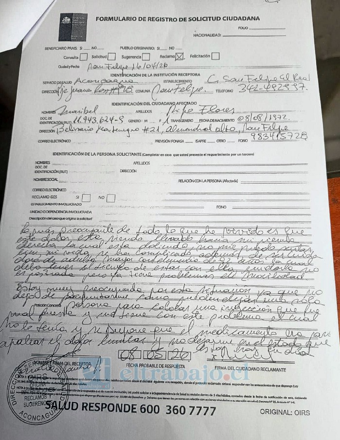 Reclamo presentado por la afectada ante el Servicio de Salud Aconcagua, donde expone los hechos y solicita una investigación.