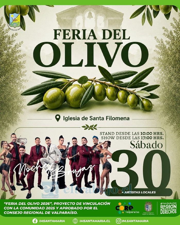 La Feria del Olivo 2026 contará el sábado 30 de mayo con la presentación del grupo nacional Noche de Brujas, además de artistas y ballets locales.