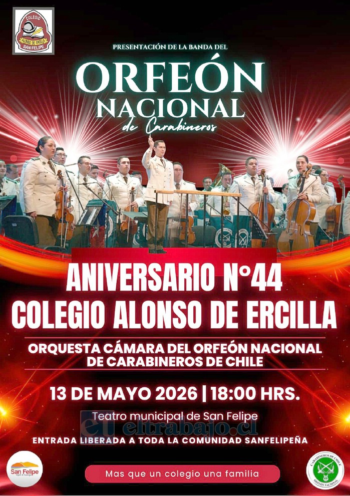 En el marco del aniversario número 44 del Colegio Alonso de Ercilla, este miércoles 13 de mayo en el Teatro Municipal de San Felipe, se realizará una presentación del Orfeón Nacional de Carabineros de Chile.