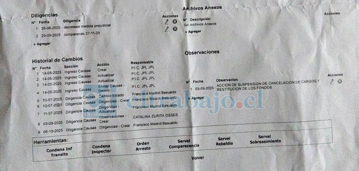 Documento entregado por la denunciante muestra antecedentes de una causa ingresada en el Juzgado de Policía Local de Los Andes vinculada al reclamo por las compras desconocidas.