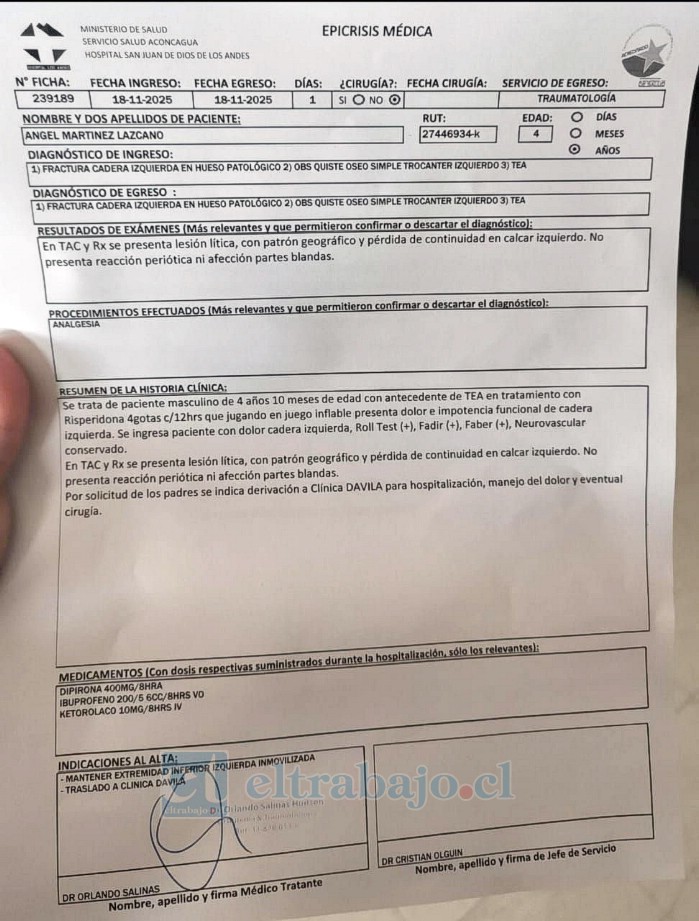 Exámenes médicos confirmaron la presencia de un tumor en el fémur izquierdo del pequeño, el cual debilitó el hueso hasta provocar su fractura.