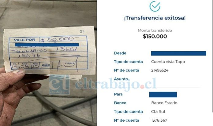 A la izquierda, uno de los voucher entregados por voluntarios, lo que demostraría que los dineros sí pasaron a custodia de la oficialidad. A la derecha, la transferencia de una voluntaria a la cuenta personal de una persona del directorio, lo que es al menos una falta a la probidad.