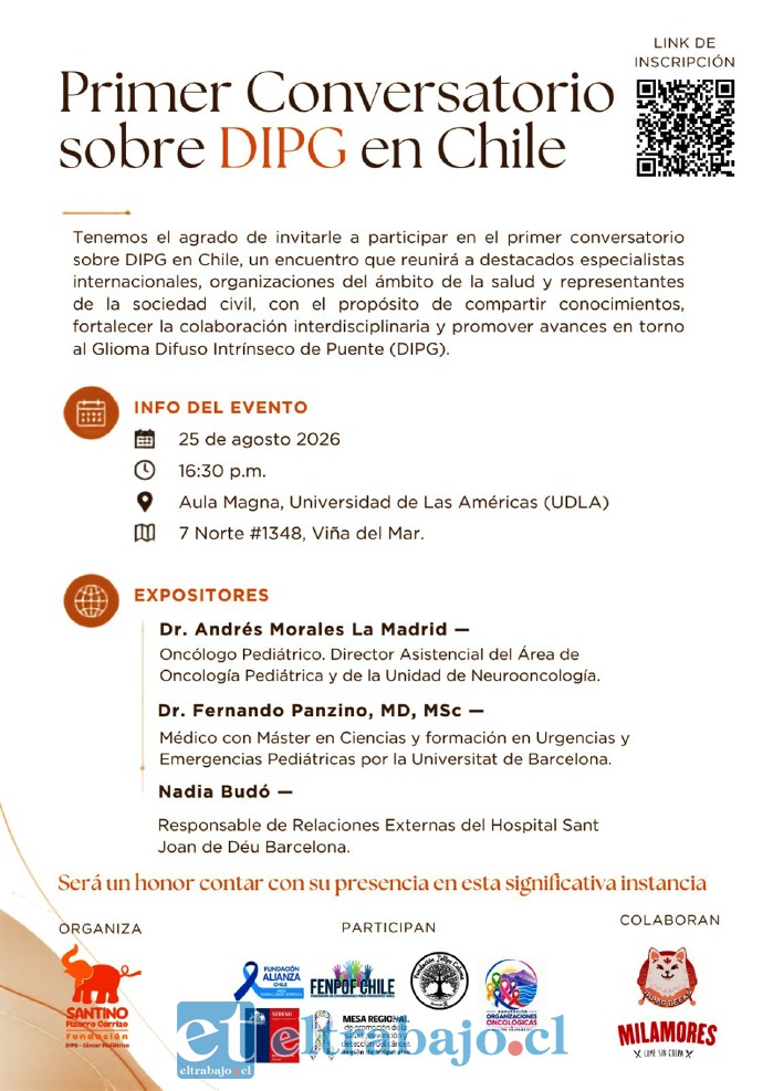 La Fundación Santino Pizarro Carrizo invita a profesionales y representantes del área de la salud a participar en el Primer Conversatorio sobre DIPG en Chile, instancia que reunirá a especialistas nacionales e internacionales para abordar los desafíos de esta enfermedad.