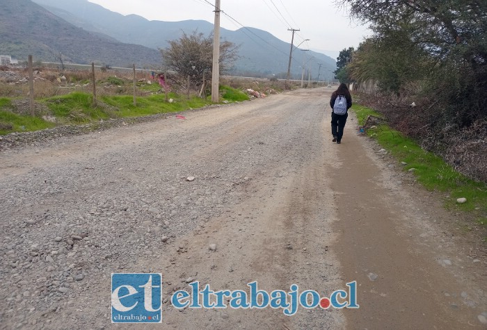 Amanda caminando en la calle en mal estado hacia el Complejo Deportivo de Unión San Felipe.