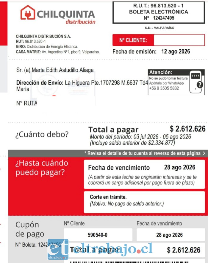 Acá la boleta con el millonario monto.