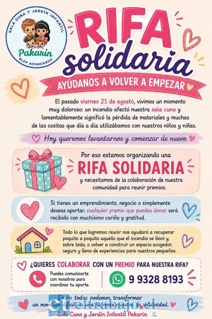 La comunidad del Jardín Infantil Pakarin se encuentra impulsando una rifa solidaria para recuperar materiales y elementos que resultaron dañados tras el incendio que afectó sus dependencias el pasado viernes 21 de agosto.