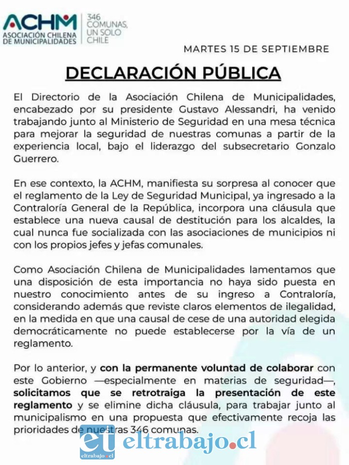 La declaración pública emitida el 15 de septiembre por el Directorio de la Asociación Chilena de Municipalidades.