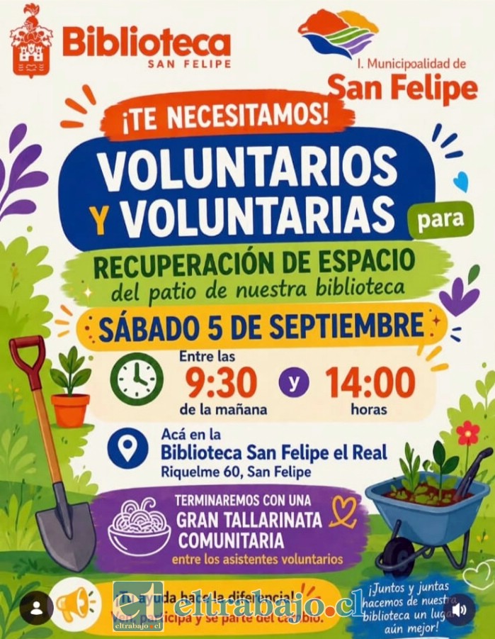 La Biblioteca San Felipe El Real invita a la comunidad a sumarse este sábado 5 de septiembre, entre las 09:30 y las 14:00 horas, a la jornada de recuperación de su patio.