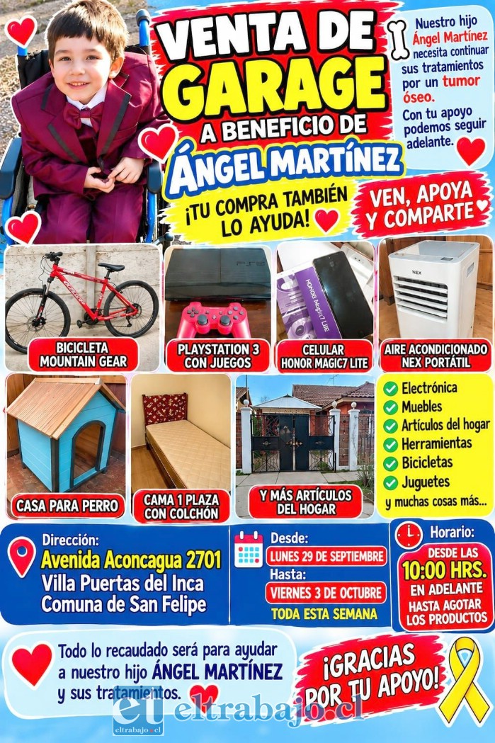 La familia de Ángel realiza durante esta semana una venta de garaje para reunir recursos y continuar costeando sus terapias, controles y tratamiento médico.