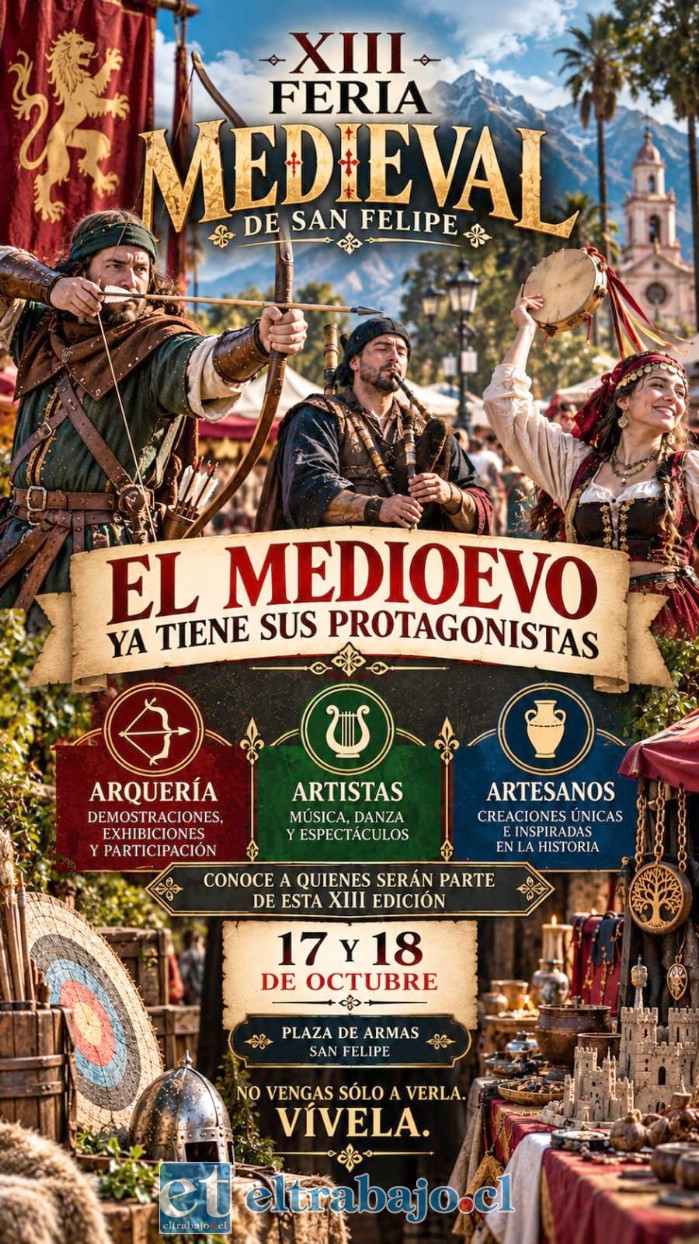 La Plaza de Armas de San Felipe será escenario de la XIII Feria Medieval, que este sábado 17 y domingo 18 de octubre ofrecerá música en vivo, artesanía, esgrima histórica, espectáculos y actividades para disfrutar en familia.