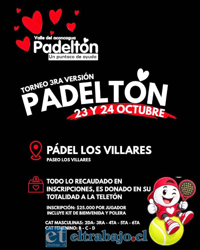 La tercera versión de la Padeltón Aconcagua se realizará el 23 y 24 de octubre en Pádel Villares, con categorías para damas y varones y diversas actividades para toda la familia.