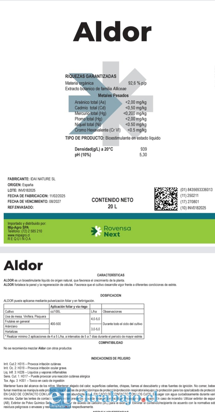 Esta es la ficha técnica del producto aplicado en una parcela de Catemu.