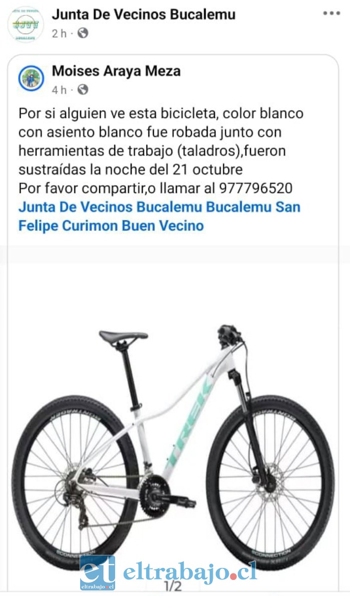 Esta es la bicicleta robada en el sector, denunciada por la víctima en el Facebook de la Junta de Vecinos de Bucalemu.