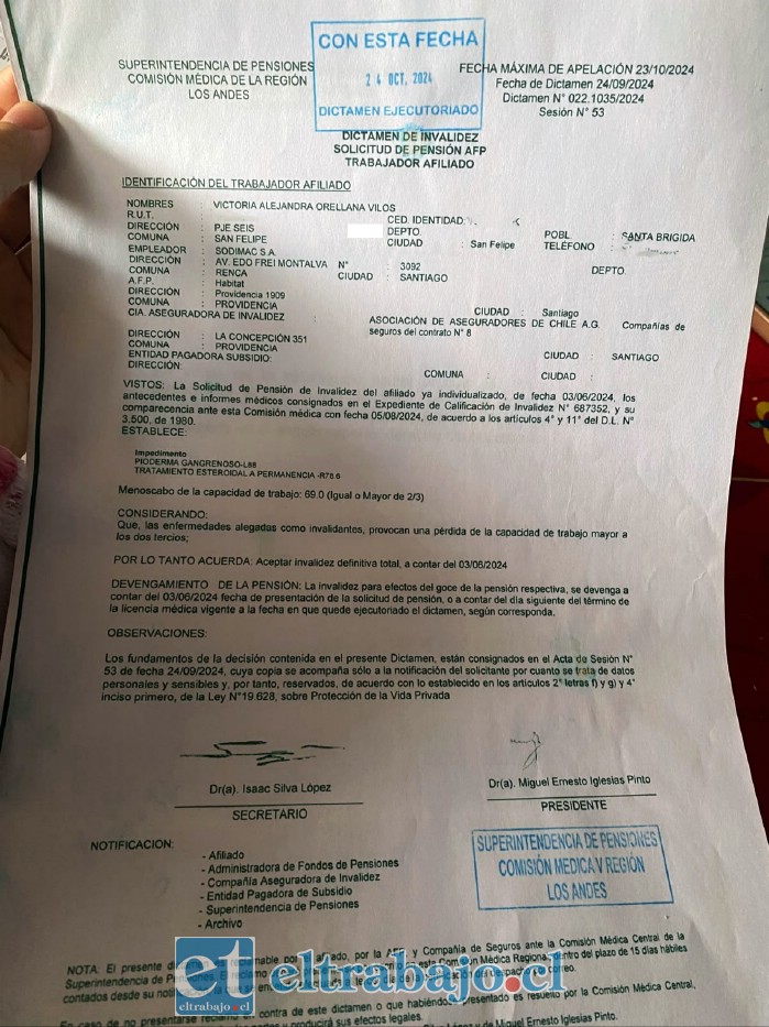 La documentación previsional acredita que Victoria Orellana es beneficiaria de una pensión de invalidez definitiva total desde el 3 de junio de 2024.